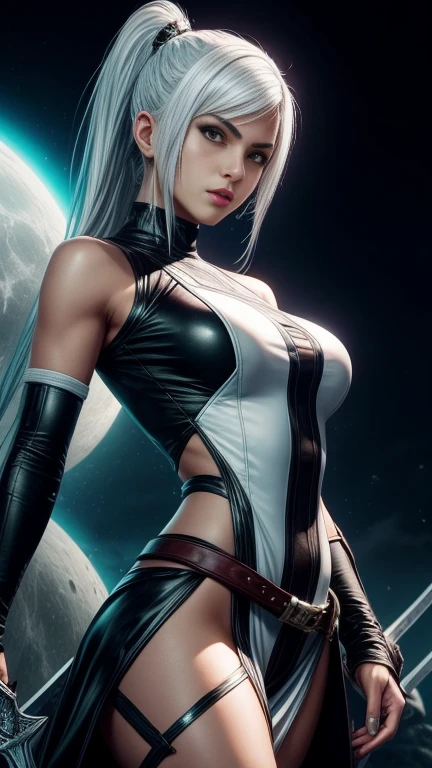 a closeup of a person in costume with a sword, as a tekken character, female character, Tifa Lockhart with white hair, katana zero video game character, moon themed outfit, kda, Skinny body, cyborg - girl with silver hair, upper body avatar, fashion game screenshot, Fighting game character, New Character, maiden elisea floralpunk, sigma woman  sexy clothing