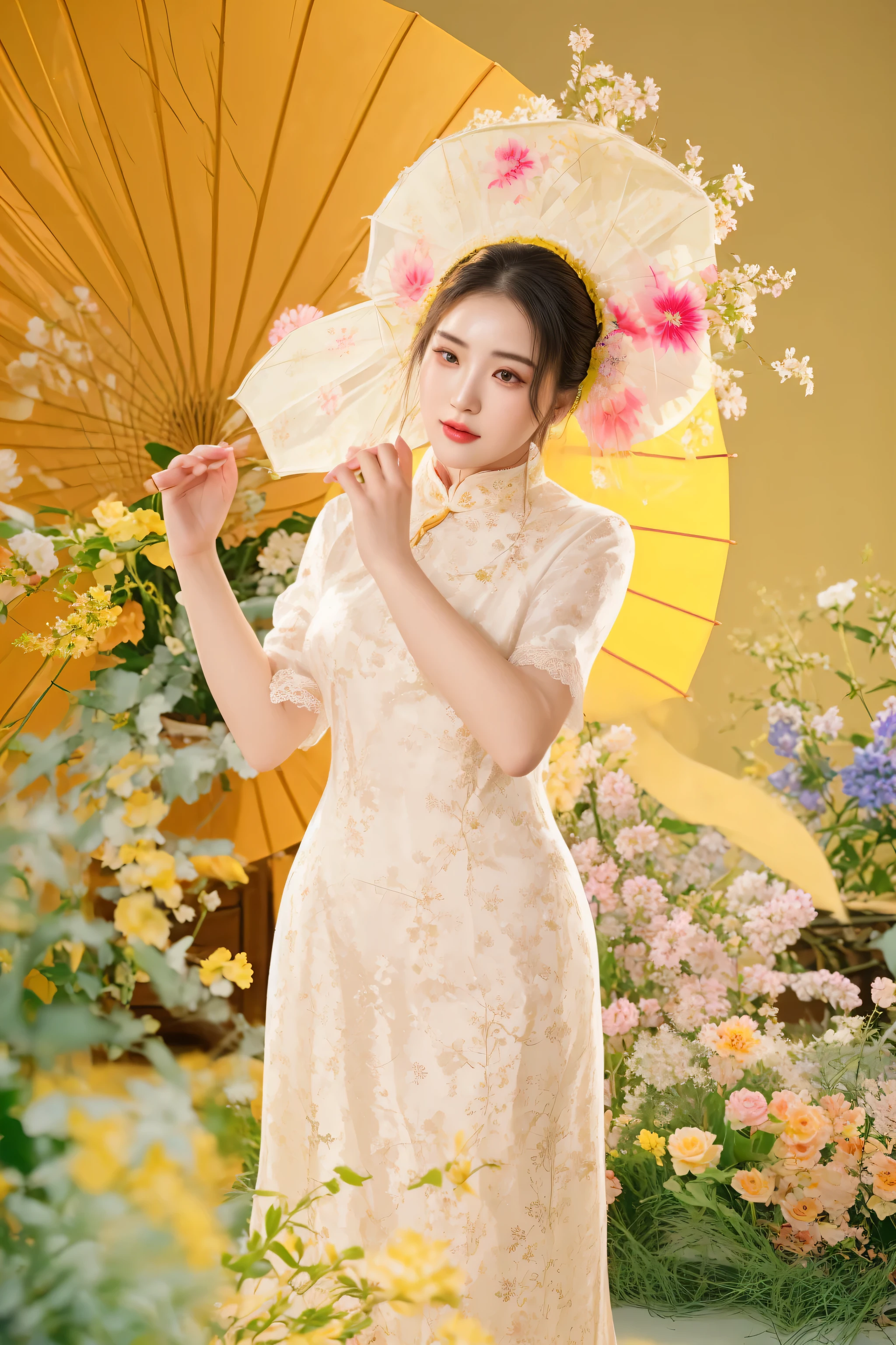 there is a woman in a dress holding a yellow umbrella, cheongsam, ao dai, with acient chinese clothes, chinese dress, chinese costume, traditional chinese clothing, white hanfu, traditional chinese, chinese style, chinese woman, palace ， a girl in hanfu, inspired by Huang Ji, in style of lam manh, chinese girl