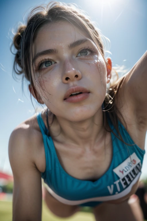 man, preparing for an athletics race, view from below, maximum detail, Play of light and shadows, ((perspiration detail)), (((professional photography capturing the best moment)))