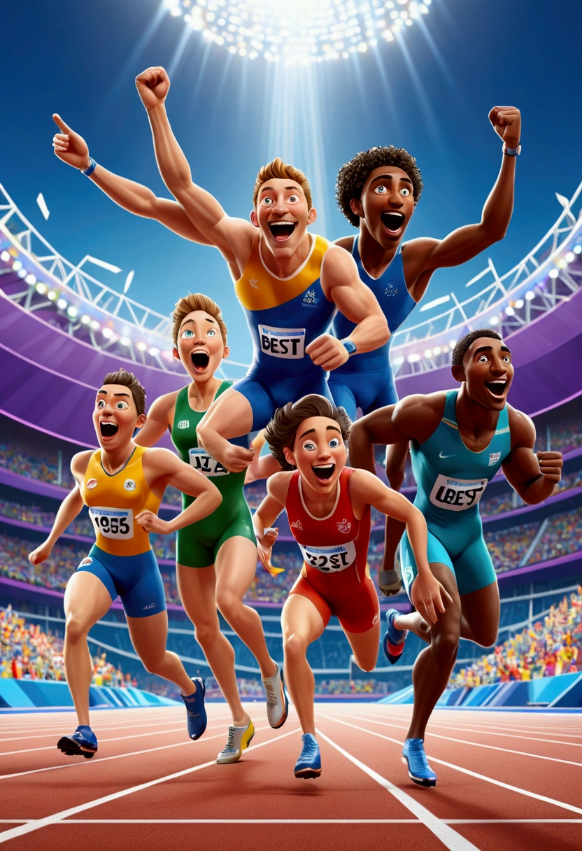 (Olympic Games), athletes, in the style of playful cartoon illustration, realistic and hyper-detailed rendering, interactive media, realistic, detailed rendering, joyful chaos, full body, award-winning, cinematic still, emotional, vignette, dynamic, vivid, (masterpiece, best quality, photorealistic, Professional, perfect composition, very aesthetic, absurdres, ultra-detailed, intricate details:1.3)