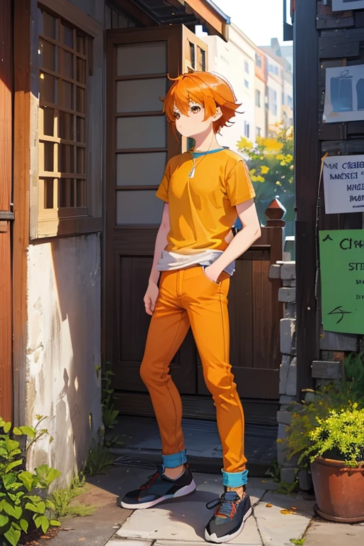 undefined, undefined, undefined, undefined, undefined, undefined, undefined, undefined, orange hair, orange eyes, lite blue tee, yellow pants,undefined, 