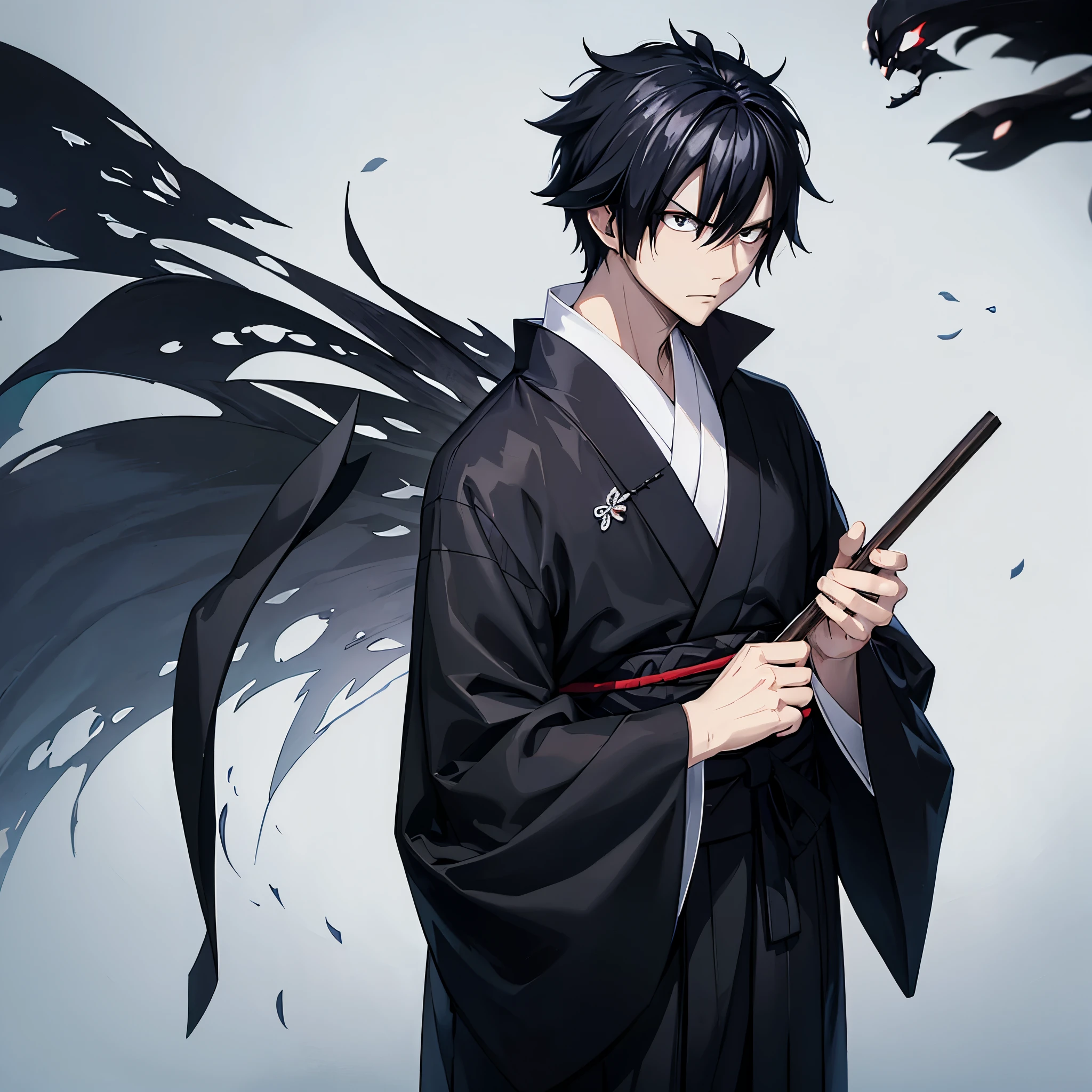 a man, wearing traditional black kimono with white details, long sleeve kimono, perfect face, perfect eyes, serious face, black hair, black eyes, alone man