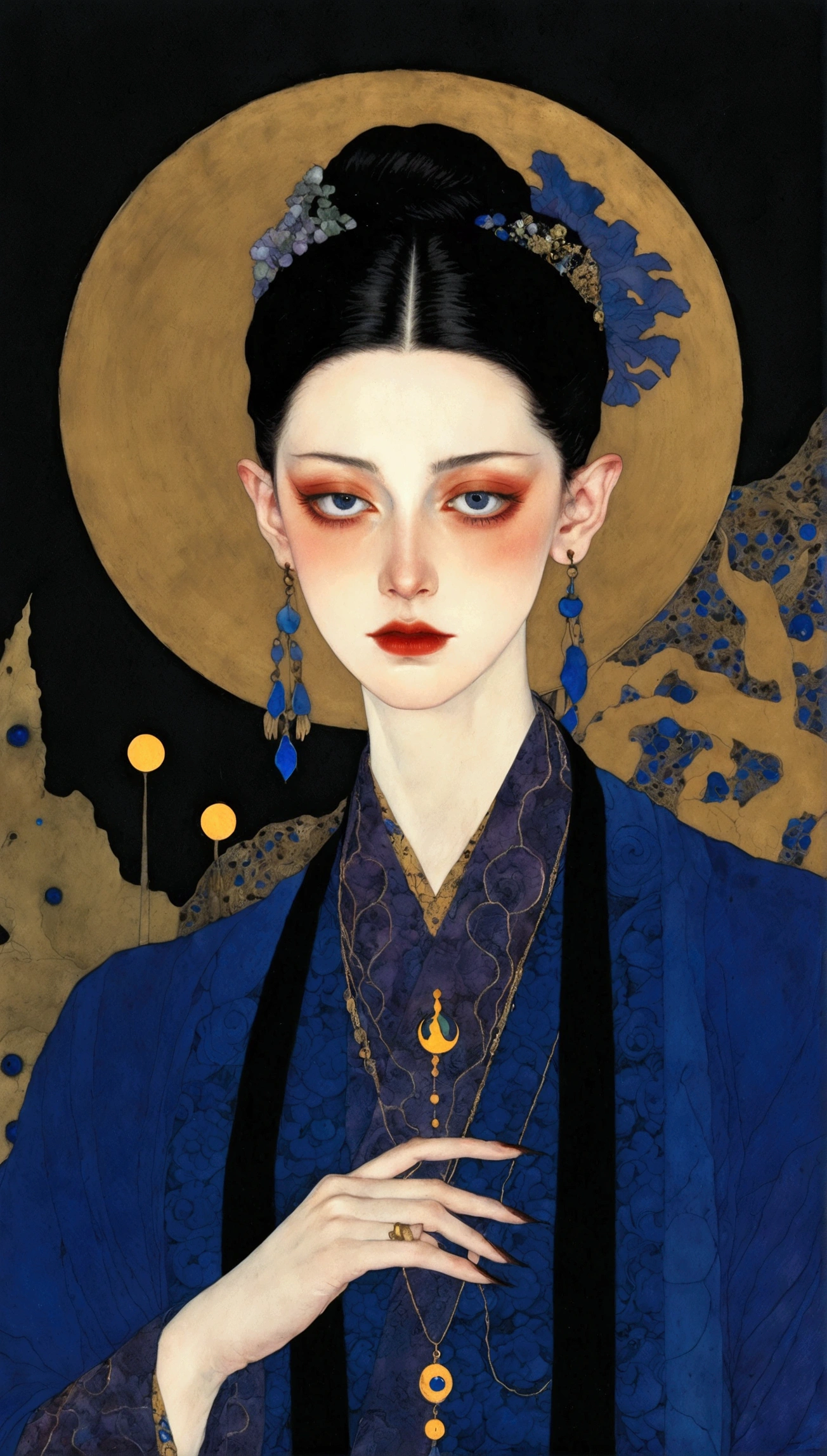 The art of math，Digital Illustration，Drawing，Decorative paintings，Watercolor，(((Harry Clark (Harry Clarke) style,圣地亚哥·卡鲁索style)))，Simple，clean，Fine painting style，(((The third eye on the forehead。Eyeliner，short hair，Pointed ears，robe)))，Wide Angle，Black and blue，Solid color background，Human anatomy is correct