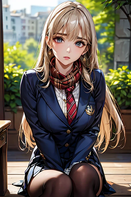 ((Highest quality)),(超High resolution),(Very detailed),(Detailed Description),((The best CG)),(masterpiece),Ultra-detailed art、(Highest quality、8k、32K、masterpiece)、(Realistic)、(Realistic:1.2)、(High resolution)、Very detailed、Very beautiful face and eyes、1 female、((Narrow eyes、Droopy eyes:1.4、fine grain))、Tight waist、Delicate body、(Highest quality、Attention to detail、Rich skin detail)、(Highest quality、8k、Oil paints:1.2)、Very detailed、(Realistic、Realistic:1.37)、Bright colors、
((Big eyes、Sharp jaw、Thin 目brows、Well-proportioned face))
((Straight long hair、The bangs are straight and fall on the forehead、Light brown or platinum blonde hair))、 Light skin tone、Smooth and healthy skin、
""tops:
Navy blue single-breasted blazer with gold buttons(Three-pronged)
Long sleeve white blouse with red ribbon tie bottoms:
Checkered wool pleated skirt(Navy and red tartan check、Knee-length)
Tights Accessories:
Simple stud earrings Slim watches(silver)
Scarf, gloves and shoes for cold weather:
Leather boot detail:
School emblem on blazer breast pocket, lace trim on blouse collar and cuffs""