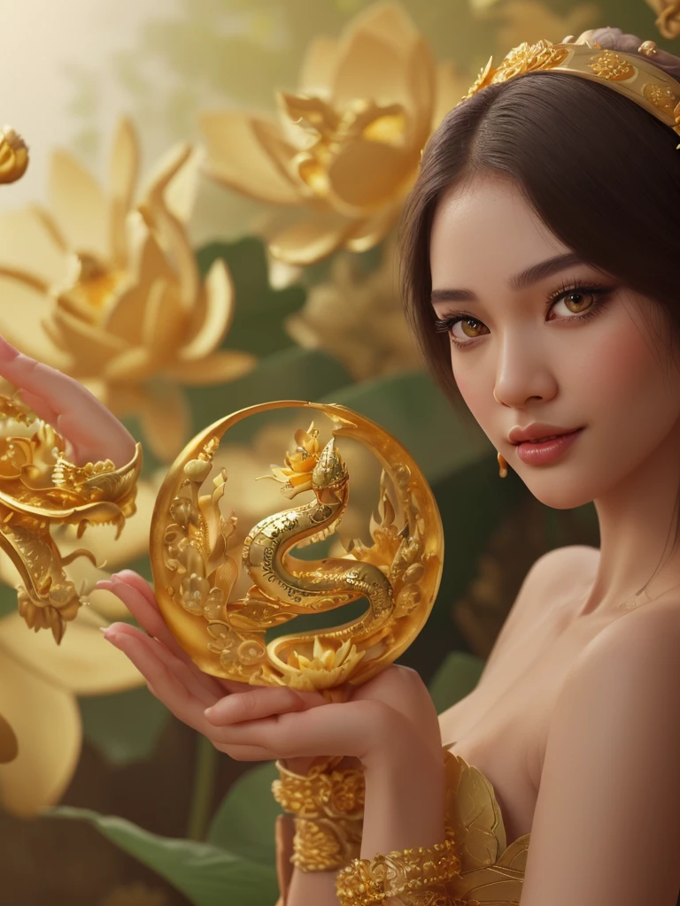 1girl, beautiful detailed eyes, beautiful detailed lips, extremely detailed face, long eyelashes, slender figure, thai traditional dress, gold jewelry, intricate floral patterns, detailed lotus flowers, lush garden background, natural lighting, vibrant colors, high quality, photorealistic, concept art