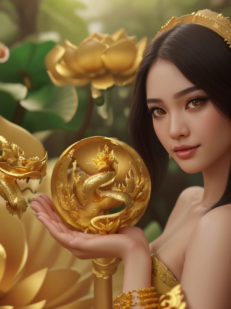 1girl, beautiful detailed eyes, beautiful detailed lips, extremely detailed face, long eyelashes, slender figure, thai traditional dress, gold jewelry, intricate floral patterns, detailed lotus flowers, lush garden background, natural lighting, vibrant colors, high quality, photorealistic, concept art