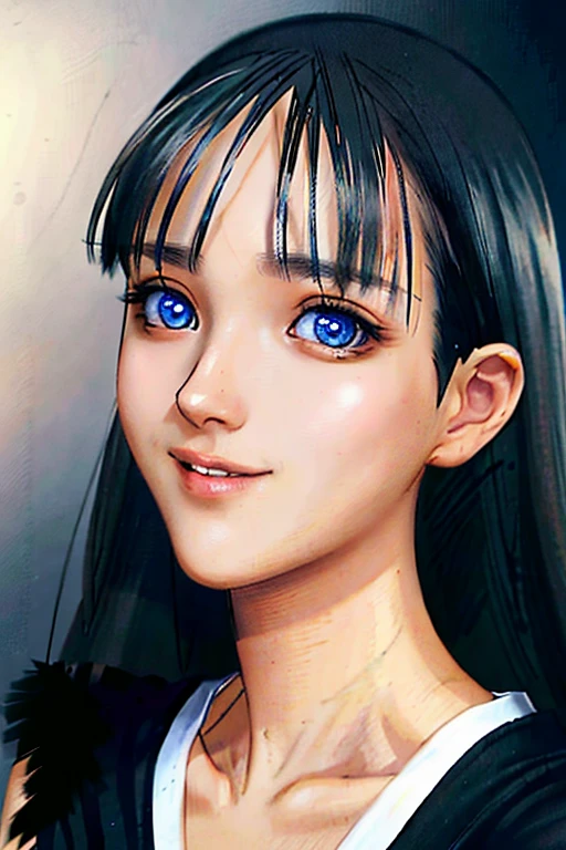 RAW photo, face portrait photo of beautiful young female with long sleek black hair with bangs ((flat bangs)), blue eyes, 18ish girl, beautiful face, wearing black dress, smile face, closed mouth, not looking at viewer, hard shadows, cinematic shot, dramatic lighting.(Ultra Realistic), (Illustration), (Increased Resolution), (8K), (Extremely Detailed), (Best Illustration), (Beautiful and Detailed Eyes), (Best Quality), (Ultra Detailed), (Masterpiece ), ( wallpaper), (detailed face), solo, 1 girl, mature, age 25,looking at viewer, fine details, detailed face, in the dark, deep shadows, low key, pureerosfaceace_v1, smiling, long hair, black and white, shawl straight hair , 46 points oblique bangs, masterpiece, best quality, 35mm, 8k, absurdres, beautiful girl, (upper body, dark grey background:1.4), (black classical dress, black hair:1.6), slender, dark studio, rim lighting, ultra realistic, highres, photography, film grain, chromatic aberration, depth of field, sharp focus, HDR, facelight, dynamic lighting, cinematic lighting, professional shadow, dark shadow, highest detailed, extreme detailed, ultra detailed, finely detail, real skin, delicate facial features, detailed face and eyes, sharp pupils, realistic pupils, long black hair with bangs, black hair top, white hair undercolor, Split Hair Two Tone , Split Hair Two Tone black and white color hair,black hair, white hair, mix hair color,green eyes, white hair  emerald eyes. white hair, platinum hair color, blue eye, Big Breasts.