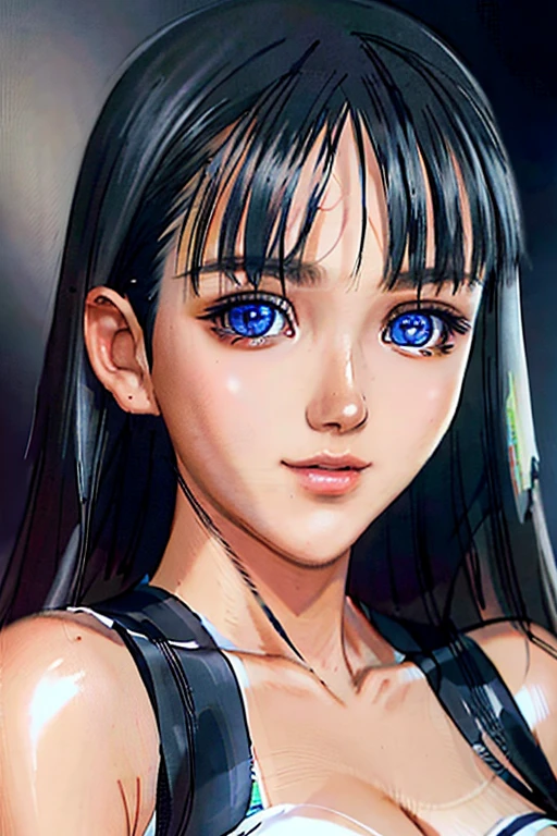 RAW photo, face portrait photo of beautiful young female with long sleek black hair with bangs ((flat bangs)), blue eyes, 18ish girl, beautiful face, wearing black dress, smile face, closed mouth, not looking at viewer, hard shadows, cinematic shot, dramatic lighting.(Ultra Realistic), (Illustration), (Increased Resolution), (8K), (Extremely Detailed), (Best Illustration), (Beautiful and Detailed Eyes), (Best Quality), (Ultra Detailed), (Masterpiece ), ( wallpaper), (detailed face), solo, 1 girl, mature, age 25,looking at viewer, fine details, detailed face, in the dark, deep shadows, low key, pureerosfaceace_v1, smiling, long hair, black and white, shawl straight hair , 46 points oblique bangs, masterpiece, best quality, 35mm, 8k, absurdres, beautiful girl, (upper body, dark grey background:1.4), (black classical dress, black hair:1.6), slender, dark studio, rim lighting, ultra realistic, highres, photography, film grain, chromatic aberration, depth of field, sharp focus, HDR, facelight, dynamic lighting, cinematic lighting, professional shadow, dark shadow, highest detailed, extreme detailed, ultra detailed, finely detail, real skin, delicate facial features, detailed face and eyes, sharp pupils, realistic pupils, long black hair with bangs, black hair top, white hair undercolor, Split Hair Two Tone , Split Hair Two Tone black and white color hair,black hair, white hair, mix hair color,green eyes, white hair  emerald eyes. white hair, platinum hair color, blue eye, Big Breasts.