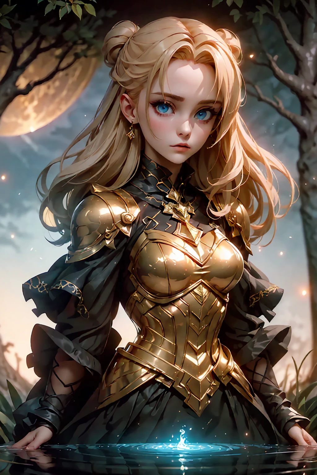 (((masterpiece, highest quality, 8k)))A stunning artwork of a majestic female character standing in an enchanting, mystical landscape. The full-body view showcases her in stylish and unique clothes of gold and purple, exuding an aura of elegance and power. Her long, flowing golden hair frames a face of regal beauty,((perfect face)) highlighted by light blue eyes that radiate wisdom and an otherworldly charm. She holds a magic staff, intricately designed and glowing with mystical energy, adding to her majestic presence. The scenery around her is a fantastical forest bathed in twilight, with towering ancient trees and luminescent flora. A serene river flows nearby, reflecting the soft glow of a setting sun. Fireflies and ethereal lights float in the air, enhancing the magical atmosphere of this tranquil setting.
