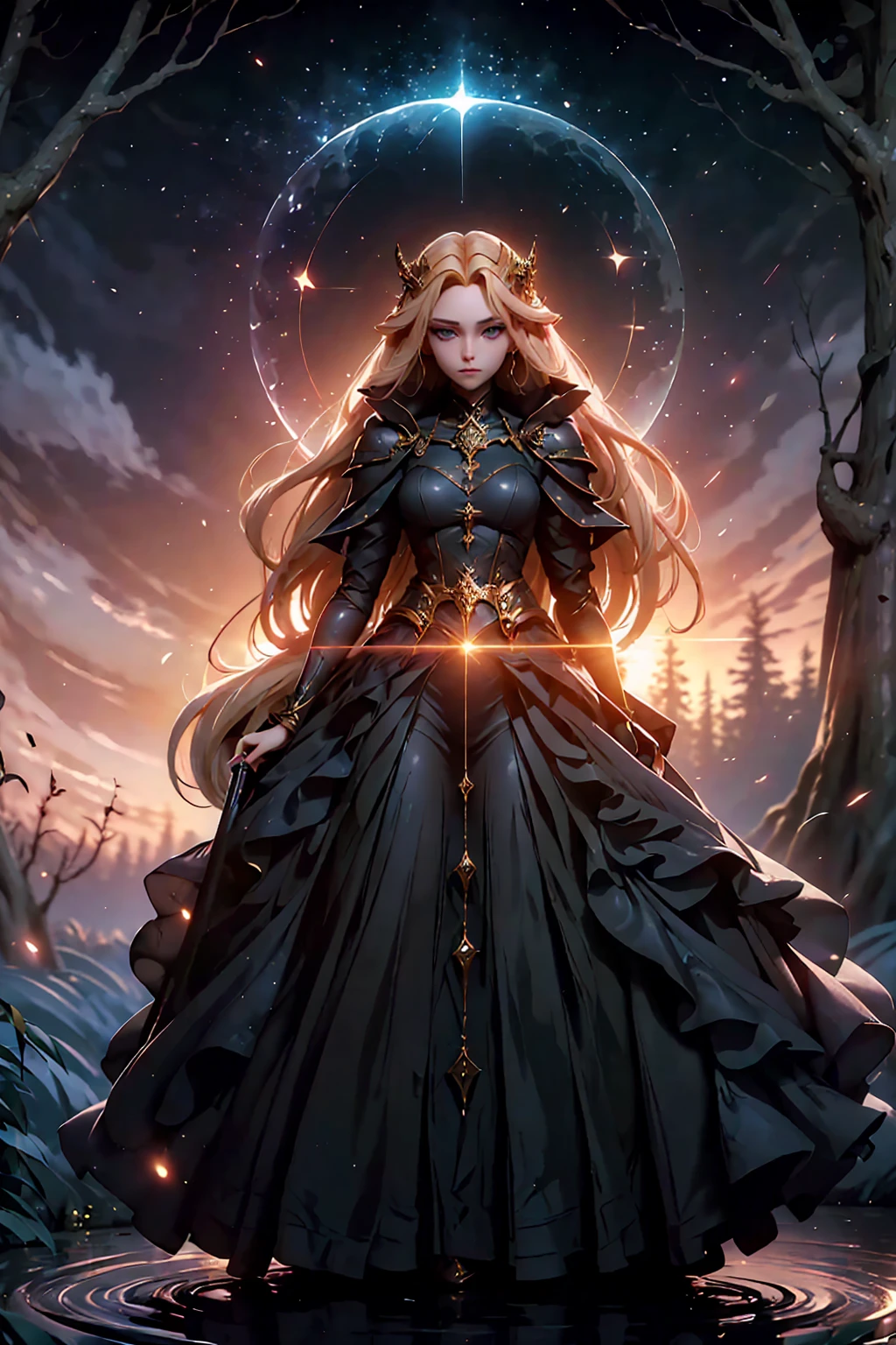 (((masterpiece, highest quality, 8k)))A stunning artwork of a majestic female character standing in an enchanting, mystical landscape. The full-body view showcases her in stylish and unique clothes of gold and purple, exuding an aura of elegance and power. Her long, flowing golden hair frames a face of regal beauty,((perfect face)) highlighted by light blue eyes that radiate wisdom and an otherworldly charm. She holds a magic staff, intricately designed and glowing with mystical energy, adding to her majestic presence. The scenery around her is a fantastical forest bathed in twilight, with towering ancient trees and luminescent flora. A serene river flows nearby, reflecting the soft glow of a setting sun. Fireflies and ethereal lights float in the air, enhancing the magical atmosphere of this tranquil setting.