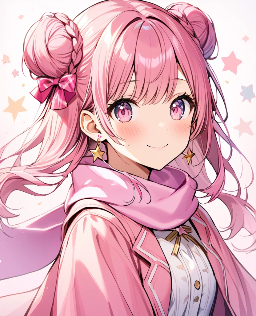 1girl, solo, long hair, looking at viewer, blush, smile, bangs, pink hair, white shirt, bow, pink coat, light pink eyes, jewelry, closed mouth, pink scarf, upper body, pink hair, braid , hair bow, earrings, collared shirt, star \(symbol\), double bun, pink bow,