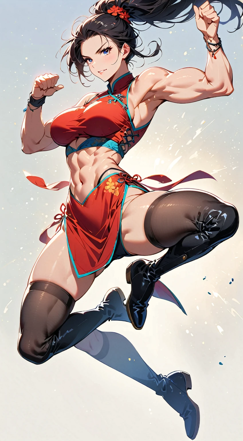 beautiful muscular woman and doing a jumping kick, six pack, no men in background , Chinese dress crop top, and stockings and thigh high boots, full body portrait