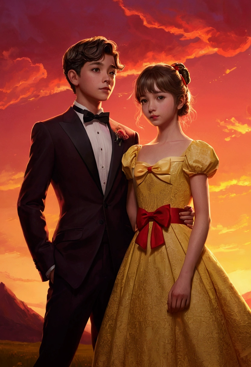 fanart; 1girl, 1boy, dress, outdoors, red sky, yellow bow,, ultra detailed