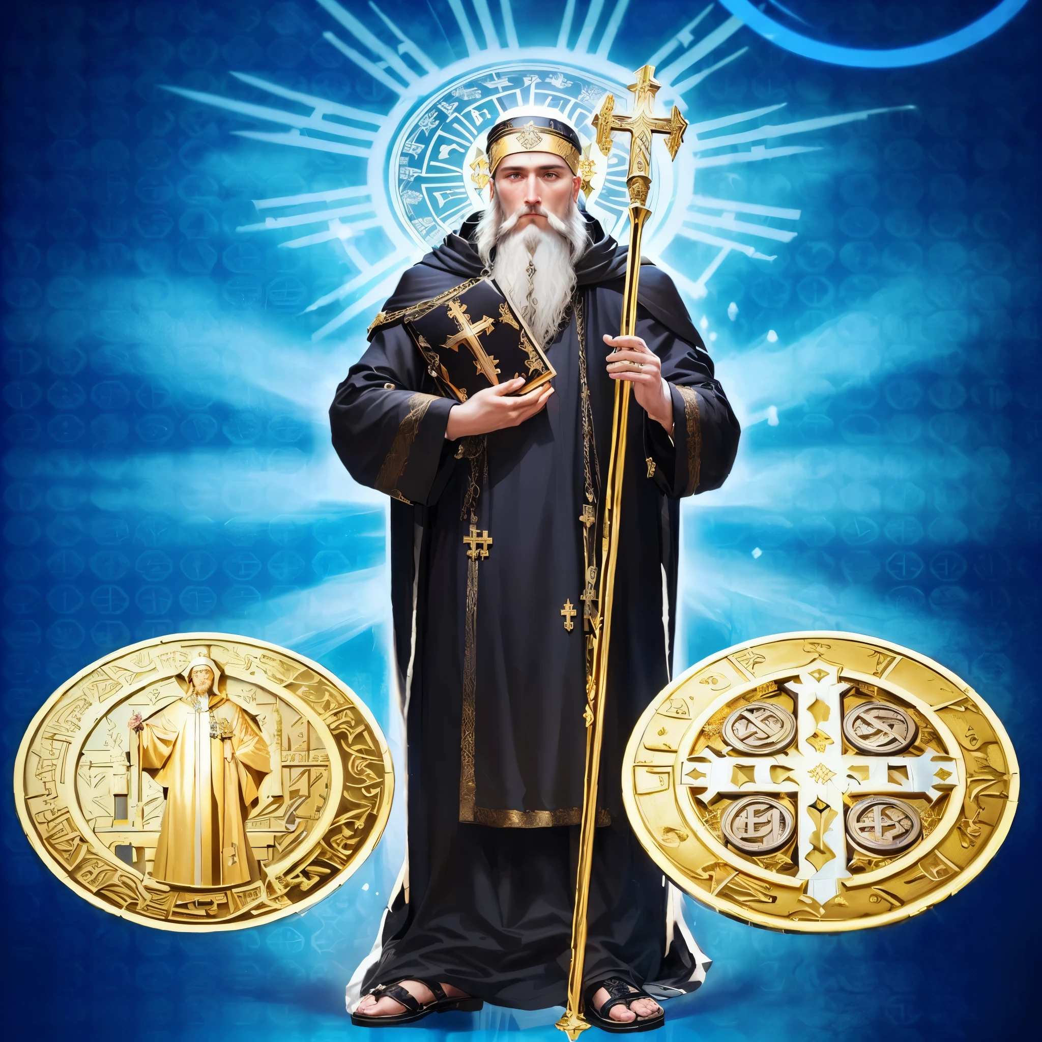 Saint Benedict of the Cross and two gold coins, orthodox saint, ukrainian monk, inspired by Ed Benedict, inspired by Nicomachus of Thebes, in dark robes with gold accents, orthodox symbolism diesel punk, Christian saint rosace, hermes trismegistus, npc with a saint\Hello, Christian saint, orthodox saint christopher, severian of nessus