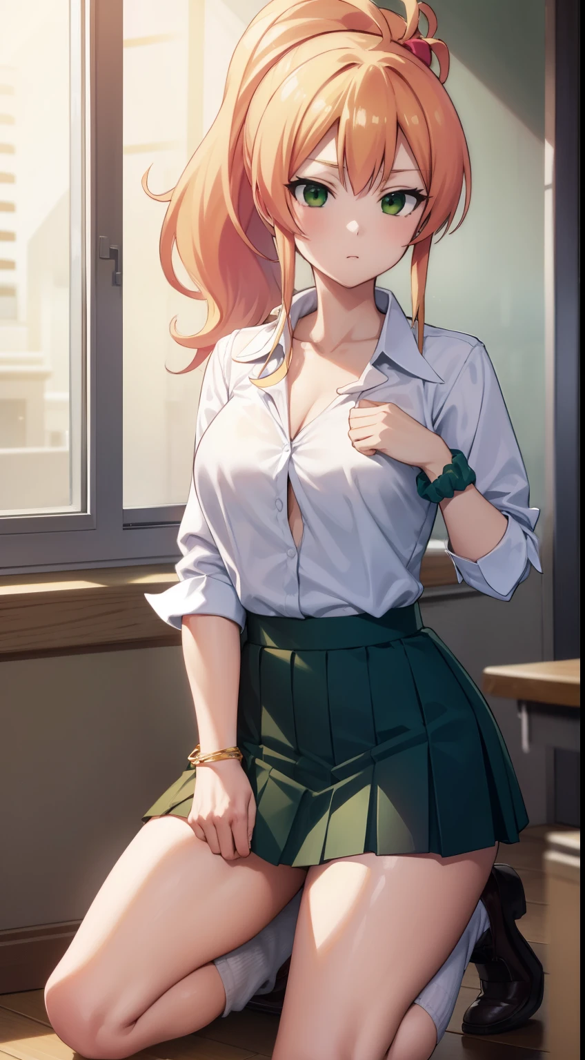 yukanayame, yukana yame, long hair, bangs, blonde hair, hair between eyes, (green eyes:1.5), ponytail, multicolored hair, scrunchie, high ponytail, lipstick, gyaru, kogal, makeup,
BREAK skirt, shirt, jewelry, , collarbone, white shirt, pleated skirt, collared shirt, miniskirt, bracelet, green skirt,
BREAK looking at viewer, full body,
BREAK indoors, classroom,
BREAK (masterpiece:1.2), best quality, high resolution, unity 8k wallpaper, (illustration:0.8), (beautiful detailed eyes:1.6), extremely detailed face, perfect lighting, extremely detailed CG, (perfect hands, perfect anatomy), full body overview