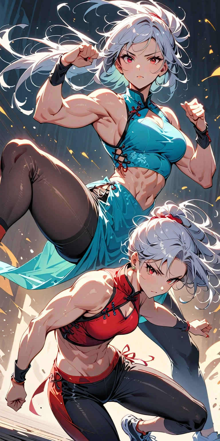beautiful muscular woman and doing a knee strike, six pack, no men in background , silver hair and red eyes,Chinese dress crop top, and leggings, full body portrait