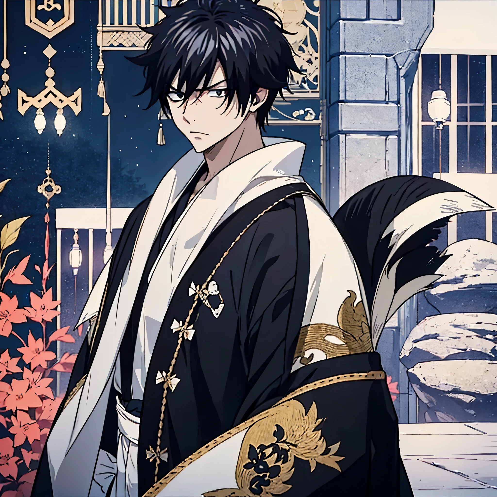 a man, wearing traditional black kimono with white details, long sleeve kimono, perfect face, perfect eyes, serious face, black hair, black eyes, alone man