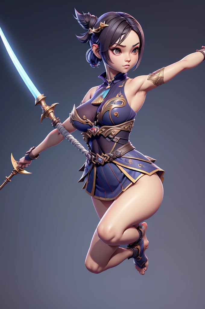 impacto Genshin, 3D style, Legs long, complex light, muito sensuous, ((sexly)), over all view, detailed top,(cover with decorated edges),small top showing upper part of breasts,sensuous,((very big tits)), (Waist slender), (perfect curves), perfect feets, show flat stomach and hips and breasts, Overlay top, very short top with realistic textures, legs and hips uncovered,bare arms, (((With spear in one hand))), (((little waist))),ultra realistic skin showing pores