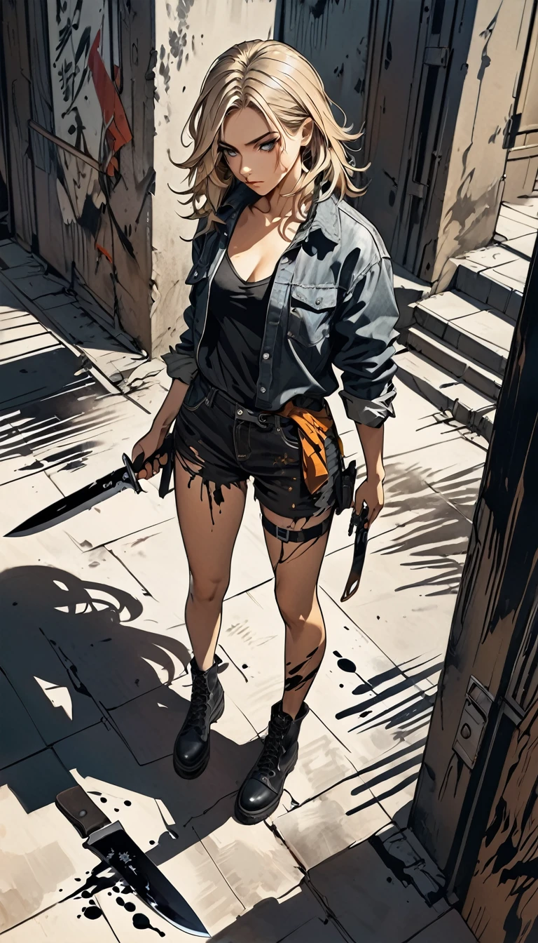 8k, ​masterpiece, full body picture, top angle, sexy beautiful assassin holding a survival knife in the shadow, tousled hair, grunge fashion, concentrated lines on the figure, Noticeable effects, Ink painting in manga style