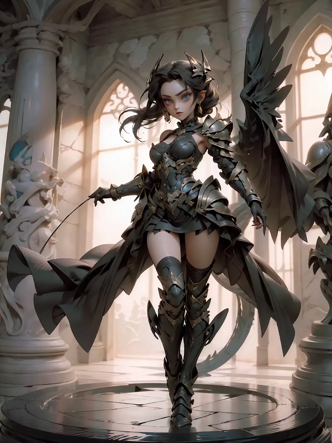 (((masterpiece, best quality, 16k)))A breathtaking artwork of a female character of unimaginable beauty, set in a dark and opulent environment. The full-body view reveals an impressive figure, exuding an aura of power and mystery. She wears black and gold unique armor, radiating a luxurious darkness. Her armor is detailed and characteristic, with intricate golden designs that shimmer in the dim light. Ornate shoulder pads protect her shoulders, and the armor perfectly molds to her body, accentuating her formidable presence. Her long black hair flows like a river of darkness, contrasting with her mesmerizing scarlet eyes. Her beauty is almost supernatural, a perfect blend of grace and menace. She wields a cursed blade that seems to pulse with malevolent energy, enhancing her aura of danger. The setting around her is a gothic and luxurious environment, with dark arches and stained glass windows that filter a supernatural light. In the background, candles flicker, casting dancing shadows on the intricately carved stone walls. It is a place that blends elegance and terror, perfectly reflecting the essence of the character.