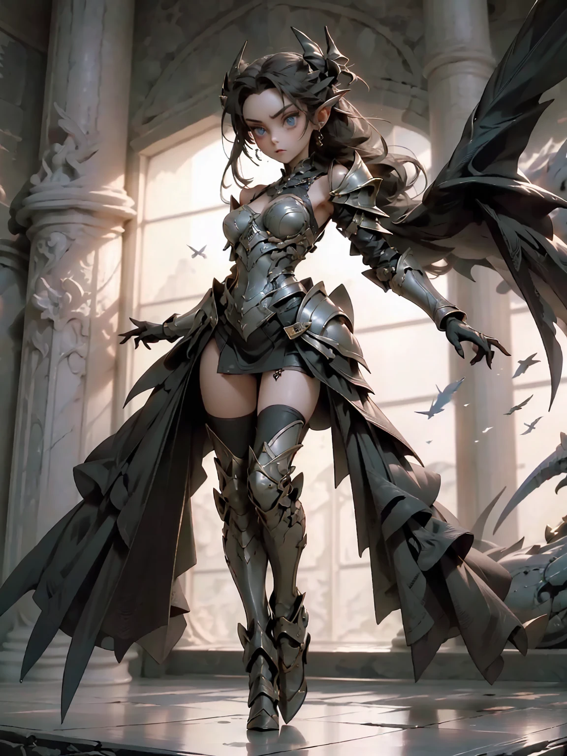 (((masterpiece, best quality, 16k)))A breathtaking artwork of a female character of unimaginable beauty, set in a dark and opulent environment. The full-body view reveals an impressive figure, exuding an aura of power and mystery. She wears black and gold unique armor, radiating a luxurious darkness. Her armor is detailed and characteristic, with intricate golden designs that shimmer in the dim light. Ornate shoulder pads protect her shoulders, and the armor perfectly molds to her body, accentuating her formidable presence. Her long black hair flows like a river of darkness, contrasting with her mesmerizing scarlet eyes. Her beauty is almost supernatural, a perfect blend of grace and menace. She wields a cursed blade that seems to pulse with malevolent energy, enhancing her aura of danger. The setting around her is a gothic and luxurious environment, with dark arches and stained glass windows that filter a supernatural light. In the background, candles flicker, casting dancing shadows on the intricately carved stone walls. It is a place that blends elegance and terror, perfectly reflecting the essence of the character.