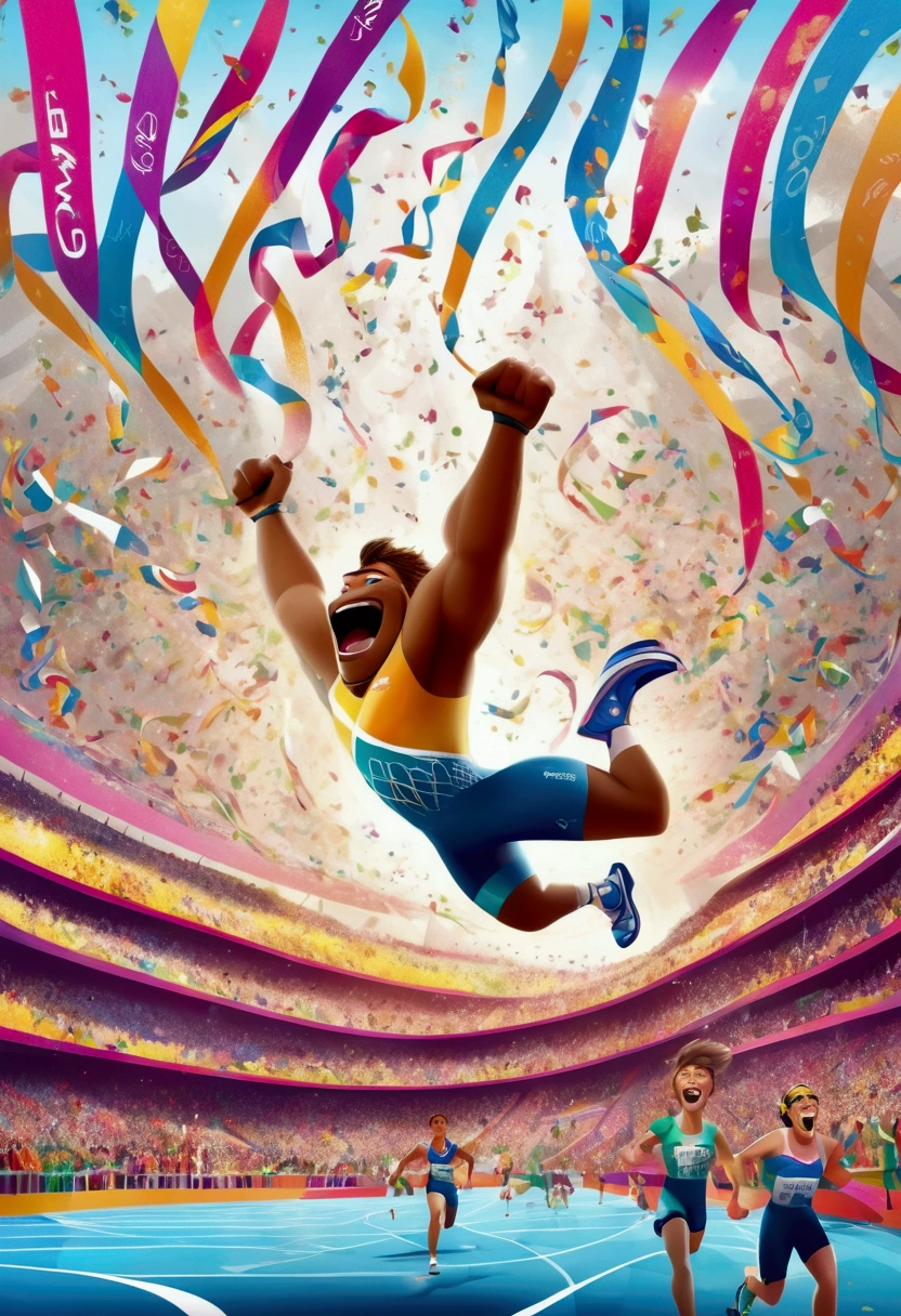 (Olympic Games), athletes, Olympic venue, in the style of playful cartoon illustration, realistic and hyper-detailed rendering, interactive media, realistic, joyful chaos, full body, award-winning, cinematic still, emotional, vignette, dynamic, vivid, (masterpiece, best quality, photorealistic, Professional, perfect composition, very aesthetic, absurdres, ultra-detailed, intricate details:1.3)