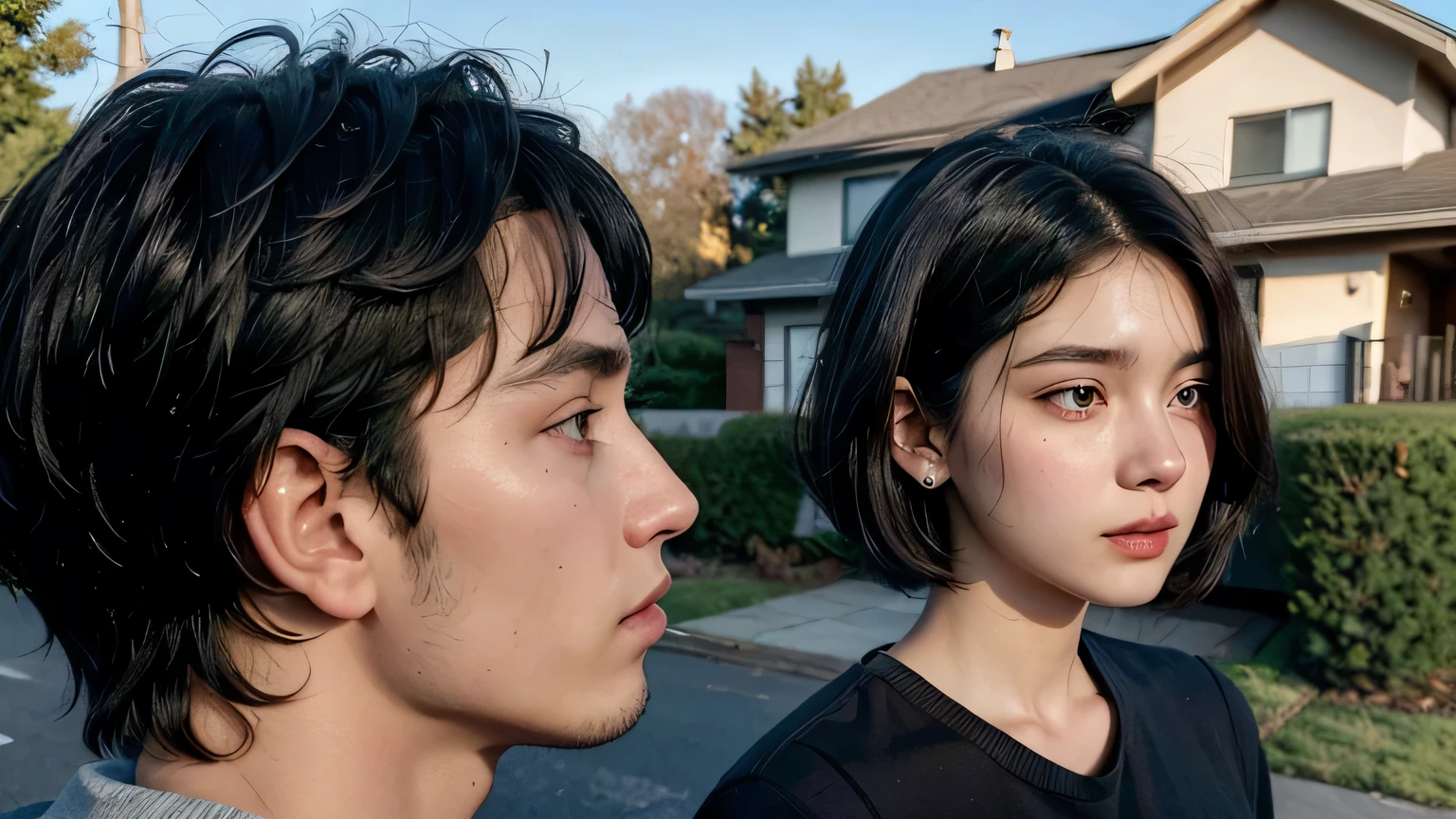 VERY LARGE PORTRAIT (A WOMAN LOOKING 21 YEARS OLD, short black hair, clear eyes)) talking to ((A MAN WHO IS IN PROFILE, with 20-year-old appearance, black hair)) PROSPECTIVE EM, SHOW THE FRONT OF AN ENTIRE HOUSE, SHOW ACROSS THE STREET TO THE HOUSE