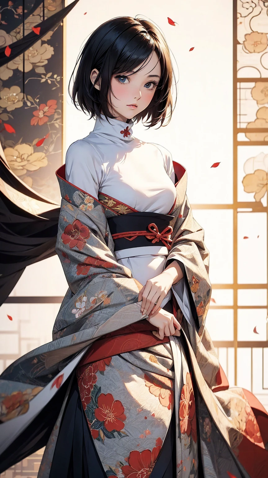 (masterpiece, High resolution, Highest quality), 20-year-old woman, Glamorous posing, Asymmetrical Short Hair, A Japanese-patterned haori over a turtleneck:1.2, Japanese pattern micro mini shorts:1.2, Petal Collage, abstract design, artistic juxtapositions, Geometric pattern, And handle background, warm color, mixed-media approach, Anime Style, Simple lines, Digital Painting,