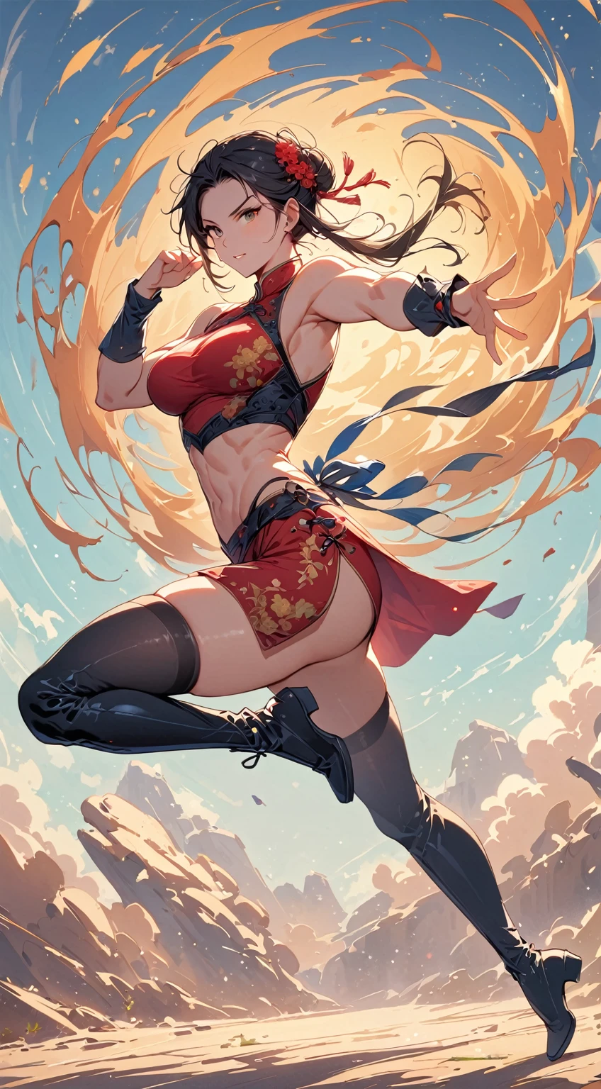 beautiful  muscular woman and doing a jumping kick, six pack, no men in background , Chinese dress crop top,  and leggings  and thigh high boots, full body portrait