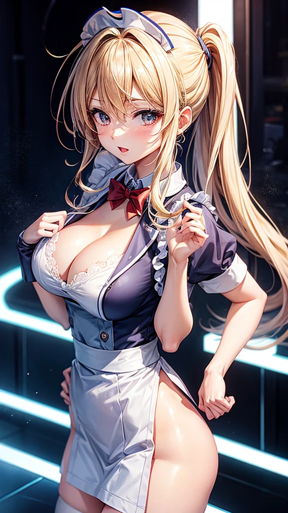 Create an anime girl in a waitress uniform with lots of breasts and buttocks 