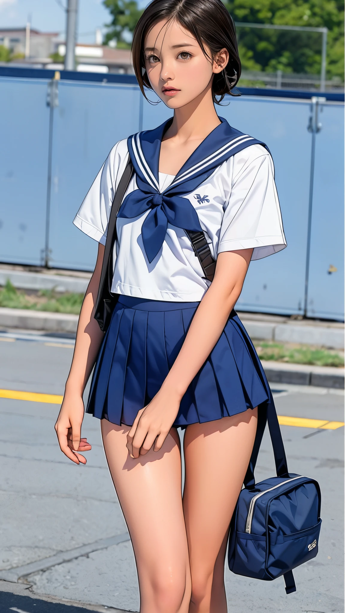 Girl Standing In Schoolyard, Cumulonimbus clouds floating in the summer sky, (Navy blue school swimsuit:1.1), (On a white sailor shirt), school bag, , (Very slim:1.4), Thin thighs, knees, Brown eyes, Short hair tied low