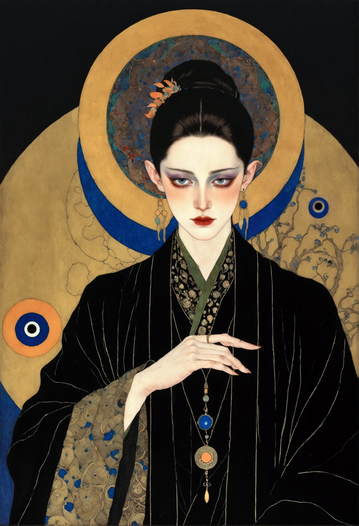 The art of math,Digital Illustration,Drawing,Decorative paintings,Watercolor,(((Harry Clark (Harry Clarke) style,圣地亚哥·卡鲁索style))),Simple,clean,Fine painting style,(((The third eye on the forehead。short hair,Pointed ears,robe))),Wide Angle,Black and blue,Solid color background,Human anatomy is correct