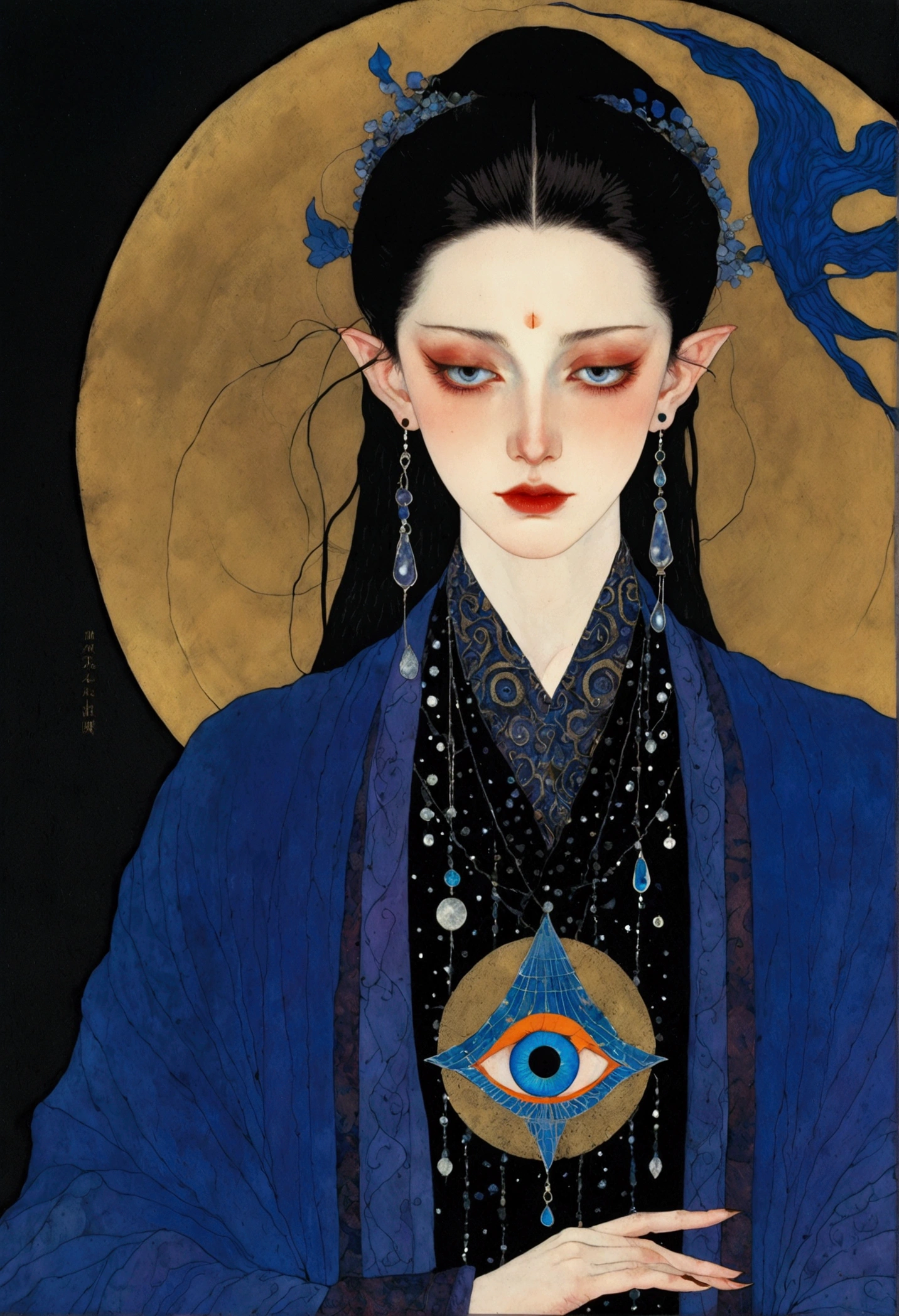 The art of math，Digital Illustration，Drawing，Decorative paintings，Watercolor，(((Harry Clark (Harry Clarke) style,圣地亚哥·卡鲁索style)))，Simple，clean，Fine painting style，(((The third eye on the forehead。short hair，Pointed ears，robe)))，Wide Angle，Black and blue，Solid color background，Human anatomy is correct
