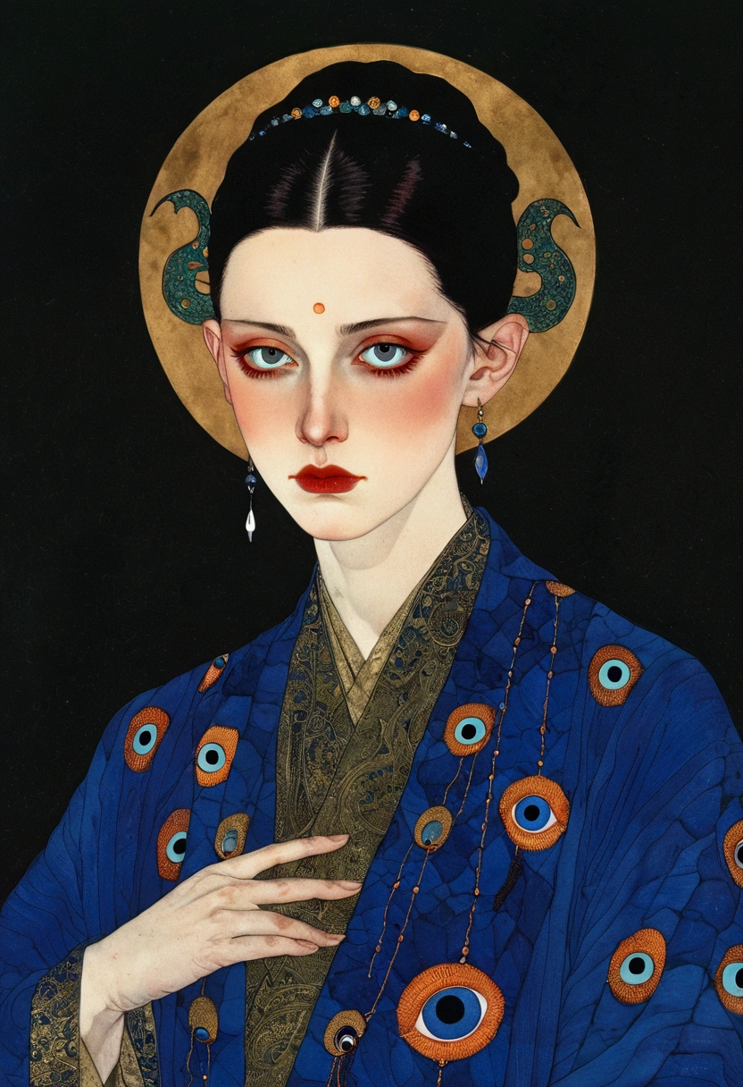 The art of math,Digital Illustration,Drawing,Decorative paintings,Watercolor,(((Harry Clark (Harry Clarke) style,圣地亚哥·卡鲁索style))),Simple,clean,Fine painting style,(((The third eye on the forehead。short hair,Pointed ears,robe))),Wide Angle,Black and blue,Solid color background,Human anatomy is correct