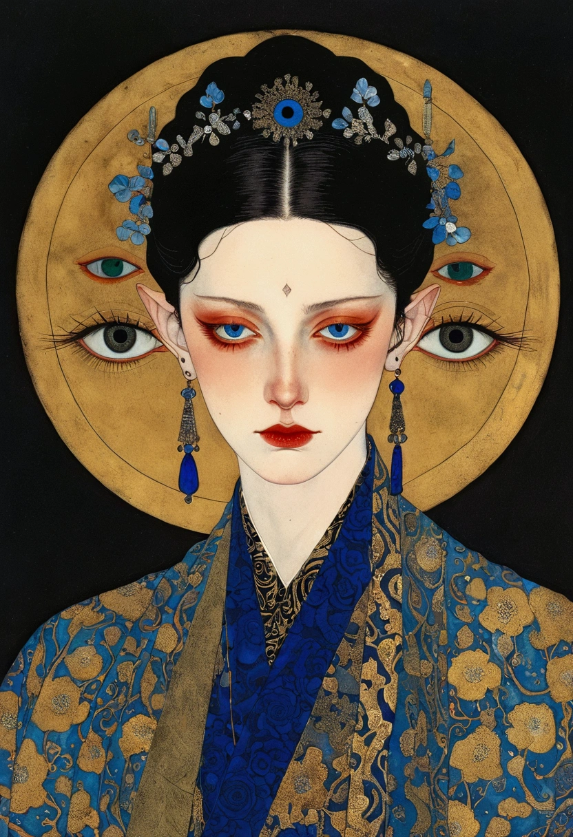 The art of math,Digital Illustration,Drawing,Decorative paintings,Watercolor,(((Harry Clark (Harry Clarke) style,圣地亚哥·卡鲁索style))),Simple,clean,Fine painting style,(((The third eye on the forehead。short hair,Pointed ears,robe))),Wide Angle,Black and blue,Solid color background,Human anatomy is correct