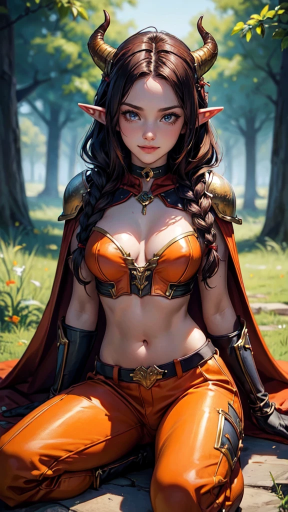 (masterpiece, best quality:1.3) WowAlexstrasza, 1girl, solo, long hair, breasts, looking at viewer, smile, gloves, navel, medium breasts, sitting, closed mouth, braid, horns, choker, midriff, pants:1.3, cape, armor, orange eyes, fire, shoulder armor, red cape, beautiful lips,detailed face, detailed eyes, detailed handssexy woman,elf girl, full body