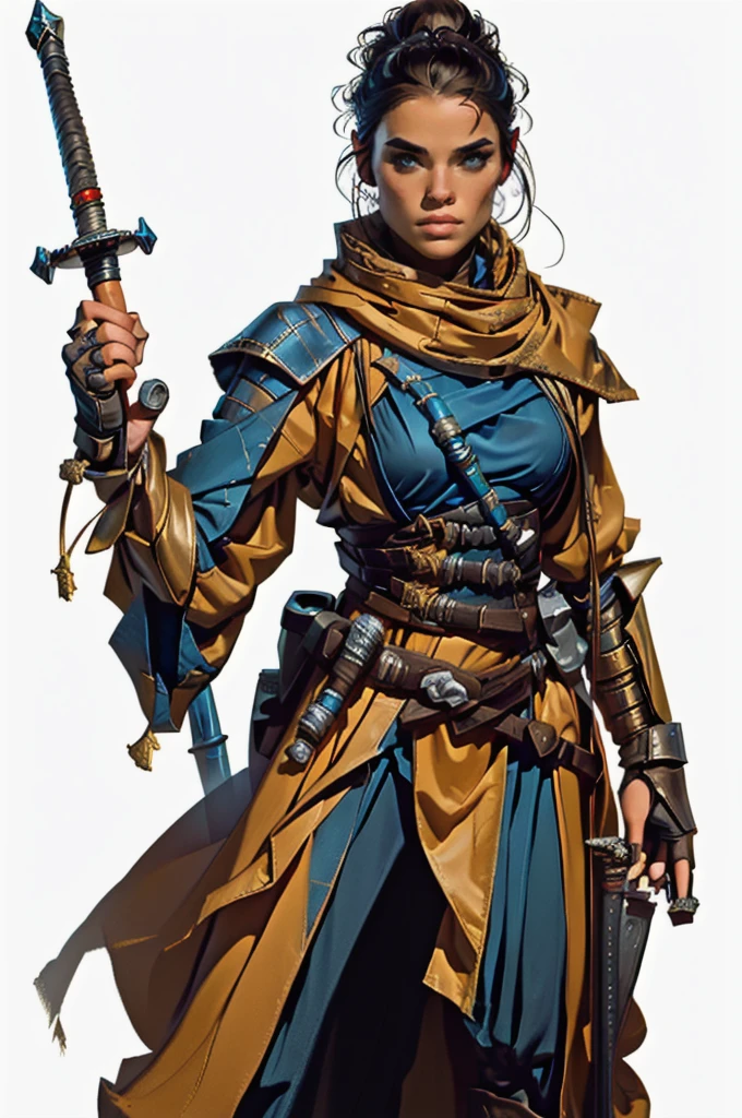 a close up of a woman holding a staff and a sword, female jedi, Star Wars, d&d dark sun character art, female earth mage, rey, she is holding a long staff, steel inquisitor from mistborn, starfinder character, portrait of a female mage, from pathfinder, cyberpunk angry gorgeous druid, portrait of female sorcerer, female occultist