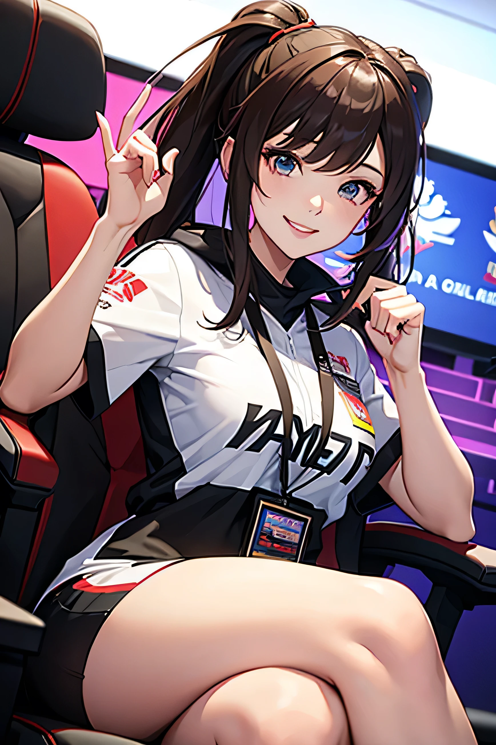 A woman poses happily after winning a gaming tournament。