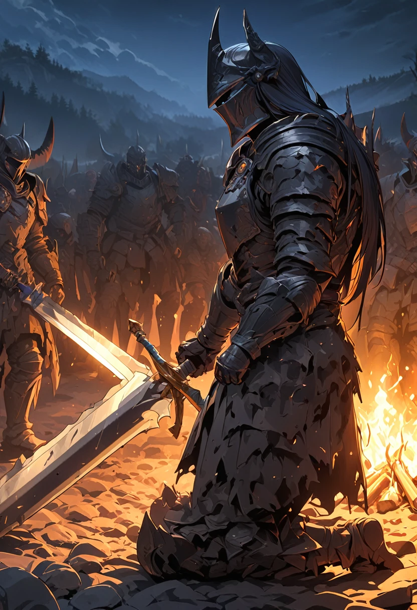 Dark fantasy, black armor, elden ring armor, damaged armor, battlefield, nighttime, midnight, campfire, kneeling by the campfireblack great sword, from side, High Resolution, Masterpiece, Award Winning, High Details, Quality, Super Detailed, Anatomically Correct, Ray Tracing, 