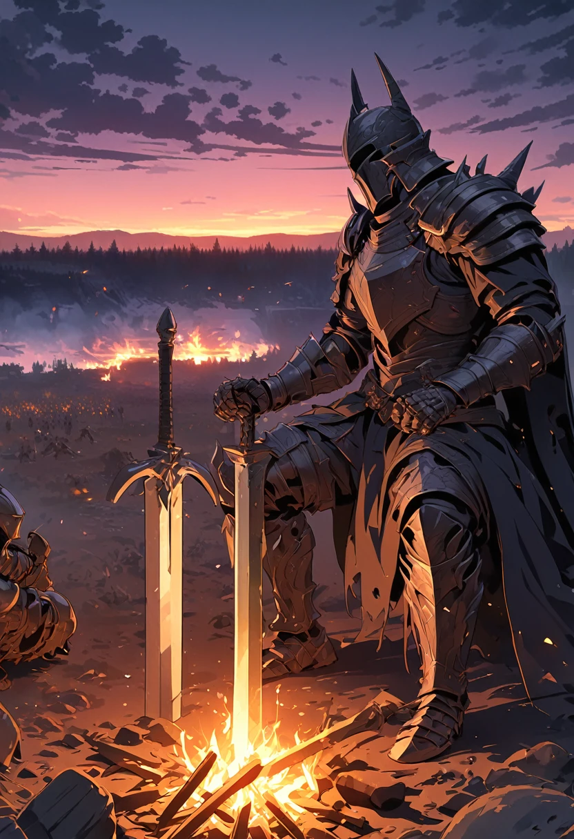 Dark fantasy, black armor, elden ring armor, damaged armor, battlefield, nighttime, midnight, campfire, kneeling by the campfireblack great sword, from side, High Resolution, Masterpiece, Award Winning, High Details, Quality, Super Detailed, Anatomically Correct, Ray Tracing,