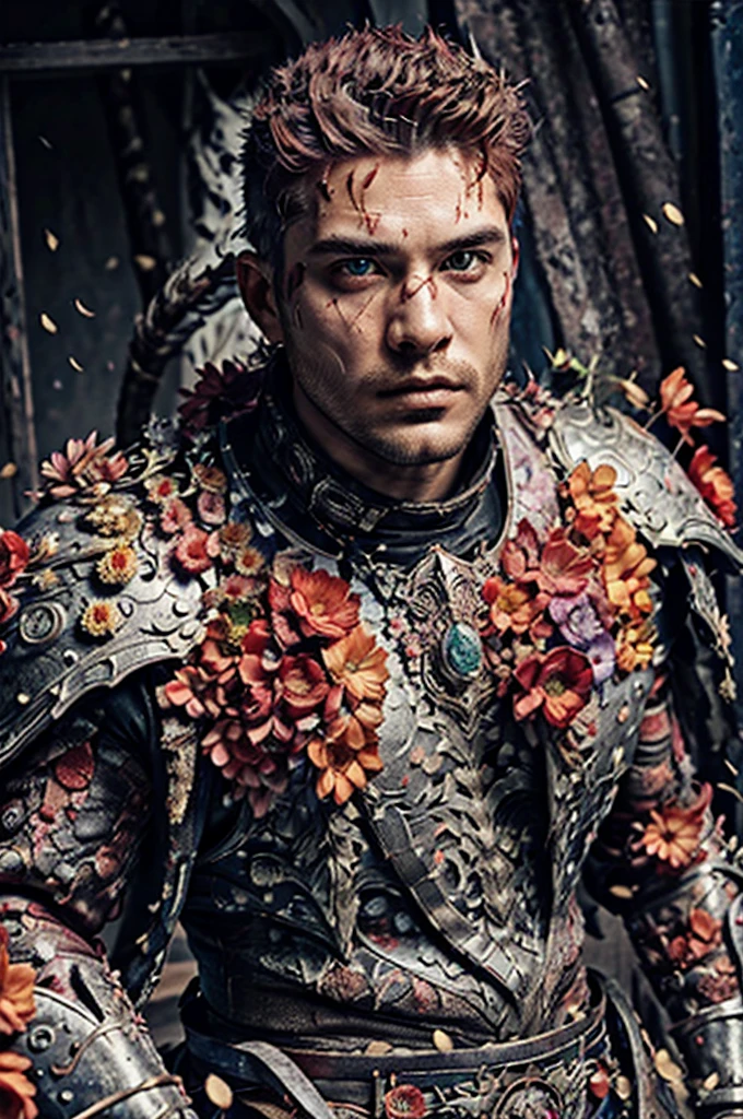 (Realistic),masterpiece,best quality,cinematic lighting,natural shadow,highest detail,professional photography,detailed background,depth of field,insane details,intricate,aesthetic,detailed face,subsurface scattering,realistic hair,realistic eyes,Bird's Eye View,
1boy,masculine,photo of a fat undead boy,Bald or shaved head,Fiery red hair,
flower4rmor,flower,flower warrior armor, zombie