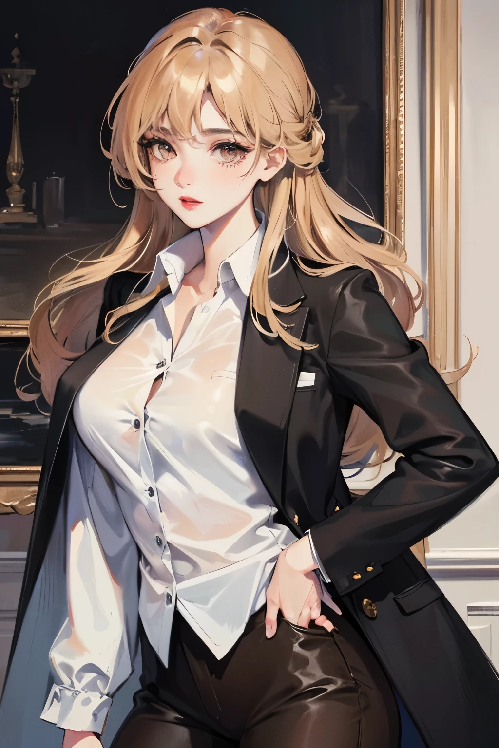 ((best qualityer)), ((work of art)), (detailded), girl with bright dark brown eyes, long brown hair with blonde ombré highlights at the ends, Caucasian skin, rosy cheeks, red lips, cat eyeliner, wearing dark brown tailored pants, a dark brown blazer, white dress shirt tucked into pants, elegant women's bag, confident pose, inside the mall, shorty with 1,50 tall and wide hips, fully body, semi realistic anime korean manhwa style, open blazer, as if a fox turned into a human, mysticism, mysterious, a single character.