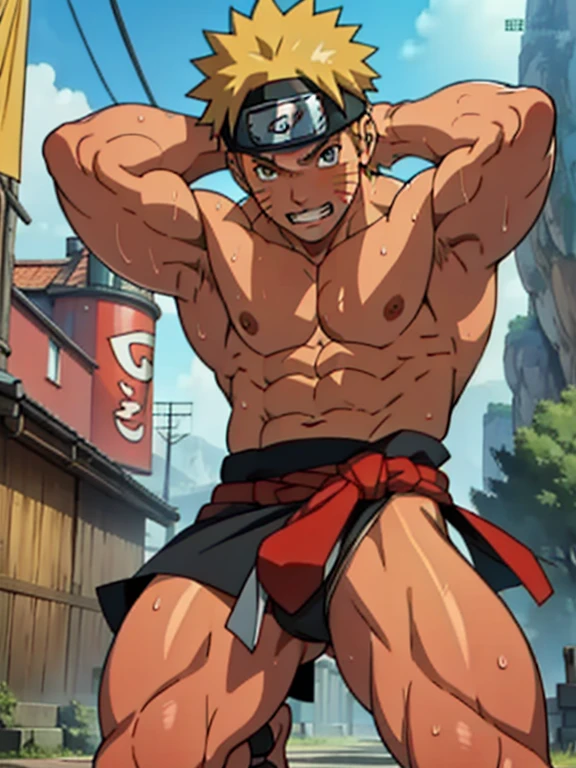 (Full body) boy was shy and blushed (photo subject: Close-up of muscular thigh muscles ) (photo angle from bottom up)(Drawings of Naruto anime) (photo angle from the ground upwards) [Anime photo][highest quality photo][4k,HD photo quality ] wear tight and short loincloths soaking wet,the loincloth bulges due to the erect male genitals  (muscular thigh muscles, firm thigh muscles, muscular thigh muscles, sinewy thigh muscles, giant thigh muscles, strong leg muscles, muscular hamstring leg muscles) ,Uzumaki Naruto fun, happy ,delighted, bodybuilder,bodybuilding, standing, red skin, pink skin, tanned skin,reddish brown skin, lots of sweat flowing down, topless, shirtless, hot sunny, (do not wear banners,do not wear headbands) hands behind head