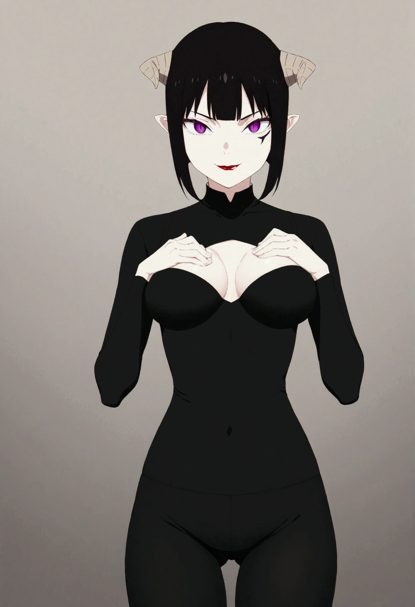 ,beautiful young fitness woman with ,dressing May in black pantyhose, sample breasts,squeezing her breasts with her hands. hands on breasts,hands covering breasts,standing alone,hair horns,glowing purple eyes,Evil smile,legging preto juri han,labiaa