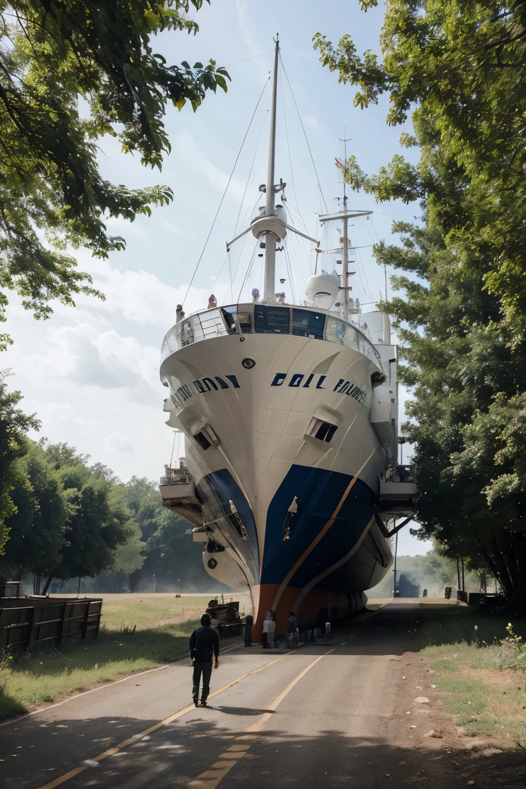 An innovative spaceship arrives on planet earth, there are surprised people around, people with the heads of an eagle come out of the ship, the ship lands in the forest