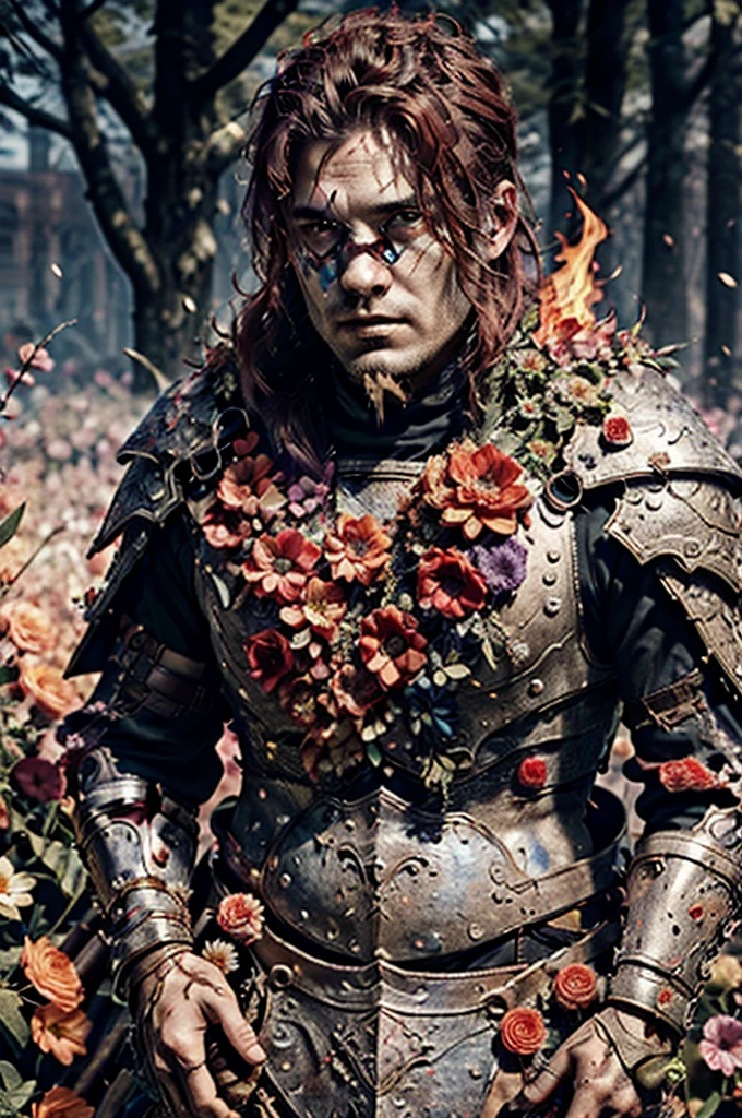 (Realistic),masterpiece,best quality,cinematic lighting,natural shadow,highest detail,professional photography,detailed background,depth of field,insane details,intricate,aesthetic,detailed face,subsurface scattering,realistic hair,realistic eyes,Bird's Eye View,
1boy,masculine,photo of a fat undead boy,Bald or shaved head,Fiery red hair,
flower4rmor,flower,flower warrior armor, zombie