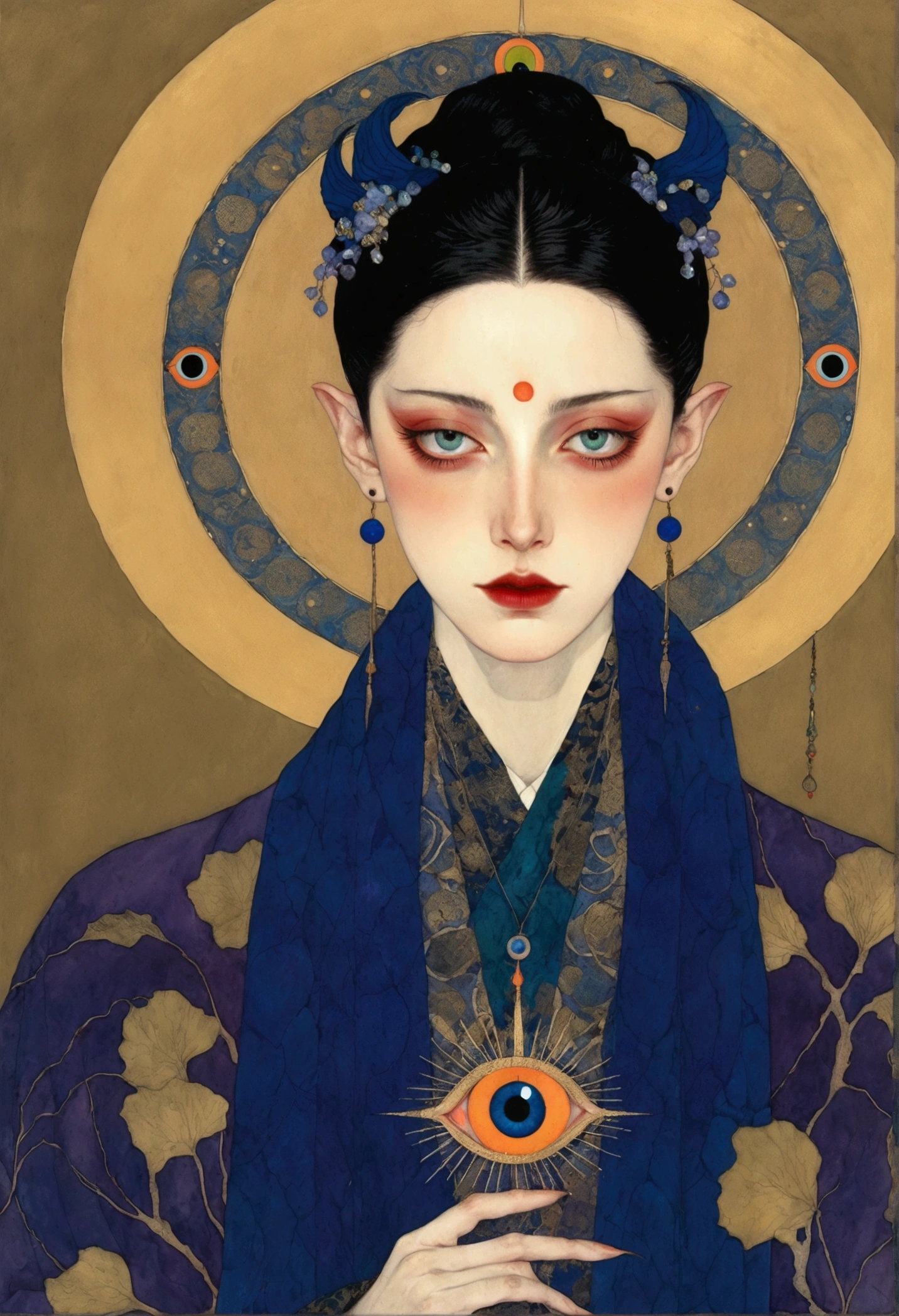 The art of math,Digital Illustration,Drawing,Decorative paintings,Watercolor,(((Harry Clark (Harry Clarke) style,圣地亚哥·卡鲁索style))),Simple,clean,Fine painting style,(((The third eye on the forehead。short hair,Pointed ears,robe))),Wide Angle,Black and blue,Solid color background,Human anatomy is correct