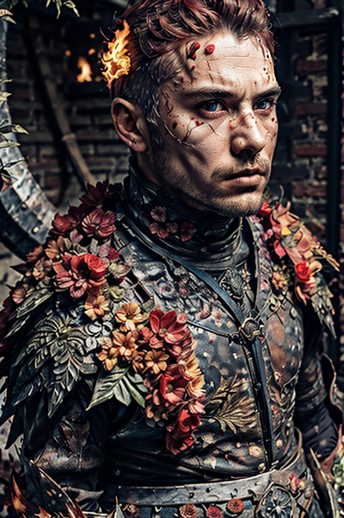 (Realistic),masterpiece,best quality,cinematic lighting,natural shadow,highest detail,professional photography,detailed background,depth of field,insane details,intricate,aesthetic,detailed face,subsurface tering,realistic hair,realistic eyes,Bird's Eye View,
1boy,masculine,photo of a fat undead boy,Bald or shaved head,Fiery red hair,
flower4rmor,flower,flower warrior armor, zombie