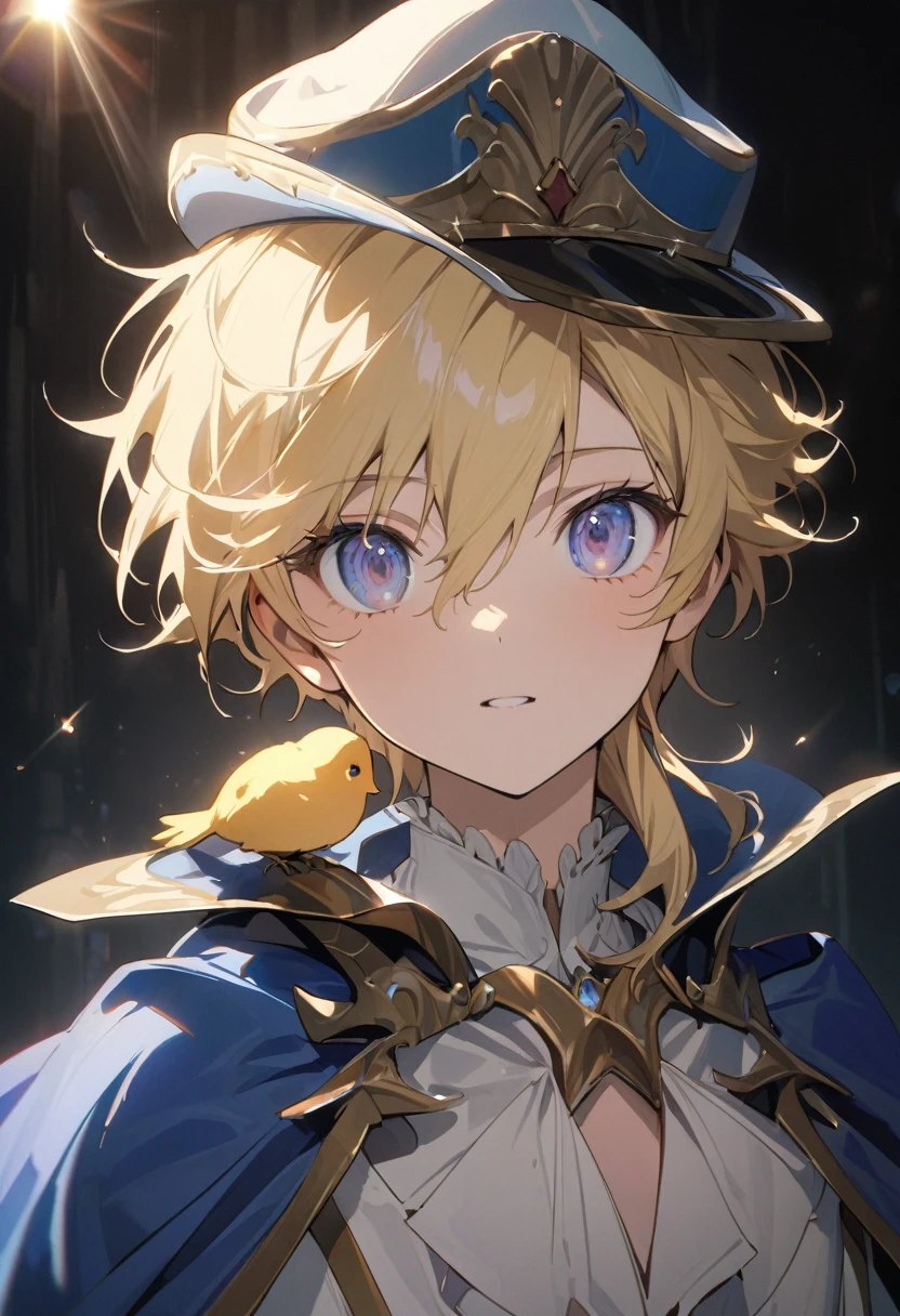 "{{masterpiece}}, Highest quality, Cinema Lighting, Captivating lens flare,Wearing a blue cape and hat、Anime character holding a bird, Portrait of the Magical Blonde Prince, Beautiful androgynous prince, Inspired by Le Chevalier, A delicate androgynous prince, Machiavelli&#39;s Puppet Master, okita sougo, Tall anime guy with blue eyes, [[[[smile wickedly]]]], Anime boy with orange hair, Zero-chan, Fascinating colorful light particles, Attractive heterochromia, (Vivid and vibrant:1.5), (Vibrant and lively hair:1.5)."
