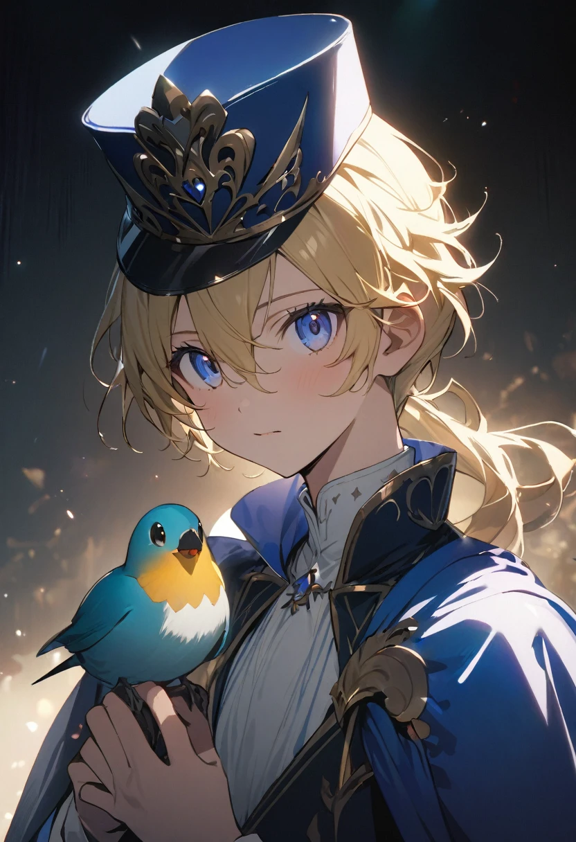 "{{masterpiece}}, Highest quality, Cinema Lighting, Captivating lens flare,Wearing a blue cape and hat、Anime character holding a bird, Portrait of the Magical Blonde Prince, Beautiful androgynous prince, Inspired by Le Chevalier, A delicate androgynous prince, Machiavelli&#39;s Puppet Master, okita sougo, Tall anime guy with blue eyes, [[[[smile wickedly]]]], Anime boy with orange hair, Zero-chan, Fascinating colorful light particles, Attractive heterochromia, (Vivid and vibrant:1.5), (Vibrant and lively hair:1.5)."
